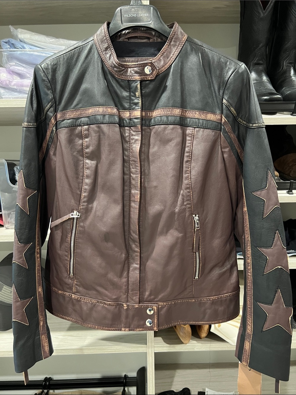 NWT Wilsons Leather Vintage USA Distressed Moto Jacket Black Burgundy Size L